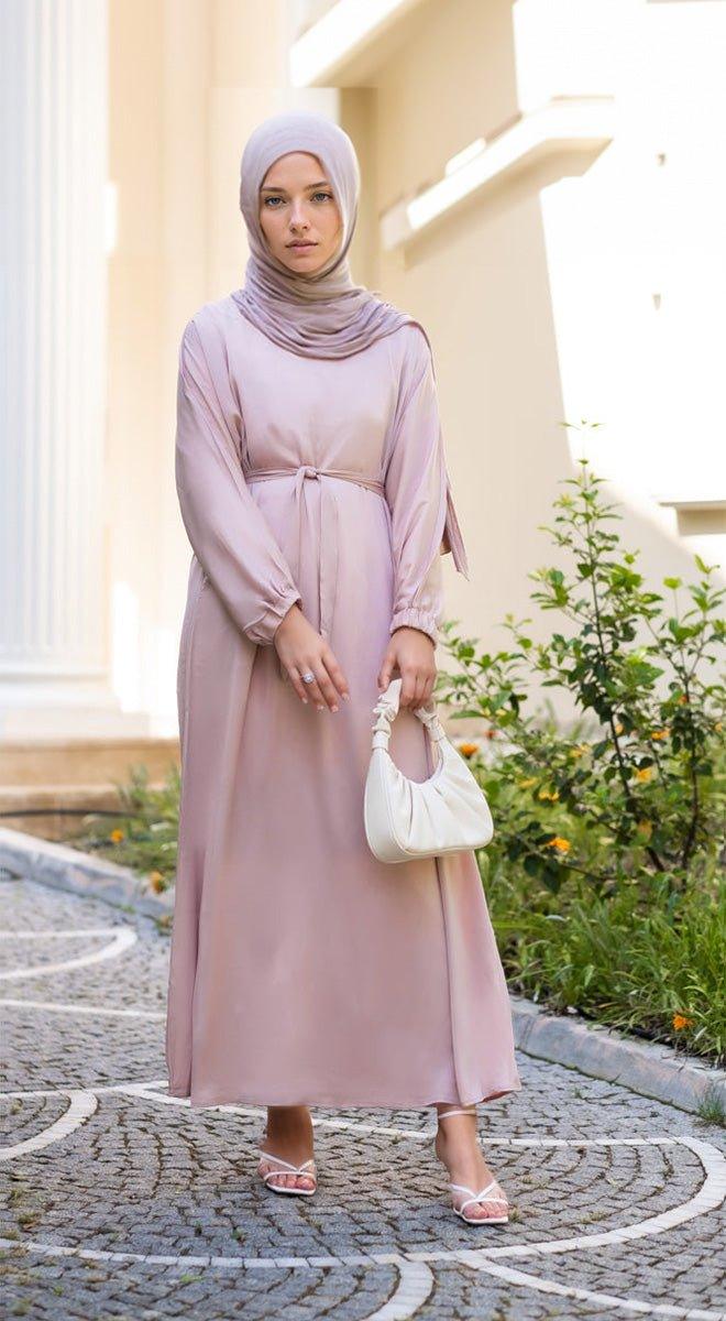 Khaki Brontei satin plain abaya dress with long elasticated sleeves and belt - ANNAH HARIRI