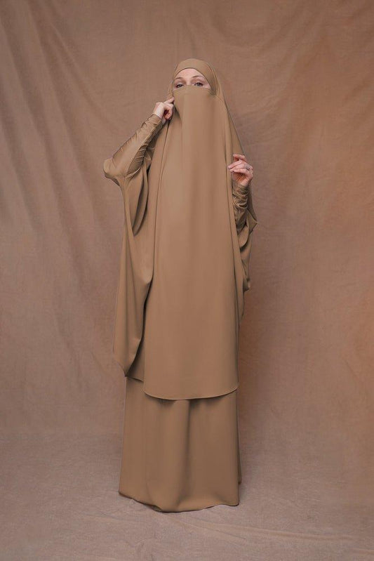 Khaki Moira prayer Umrah gown with niqab feature - ANNAH HARIRI