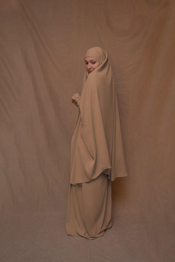 Khaki Moira prayer Umrah gown with niqab feature - ANNAH HARIRI