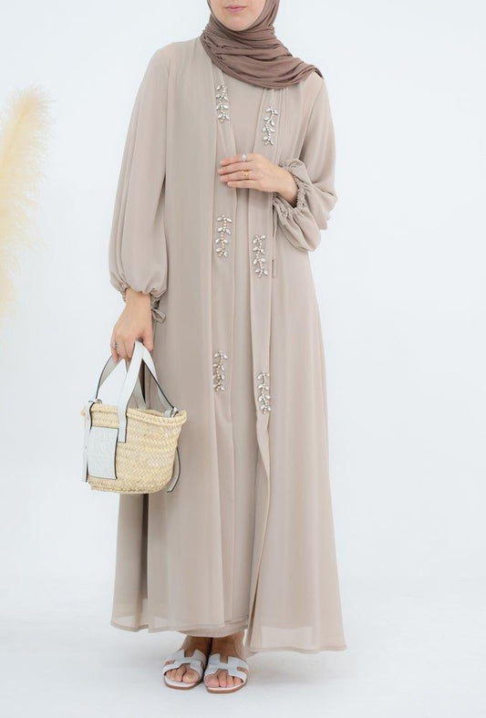 Luxury Sunni Crystal embroidered two piece abaya in beige chiffon - ANNAH HARIRI