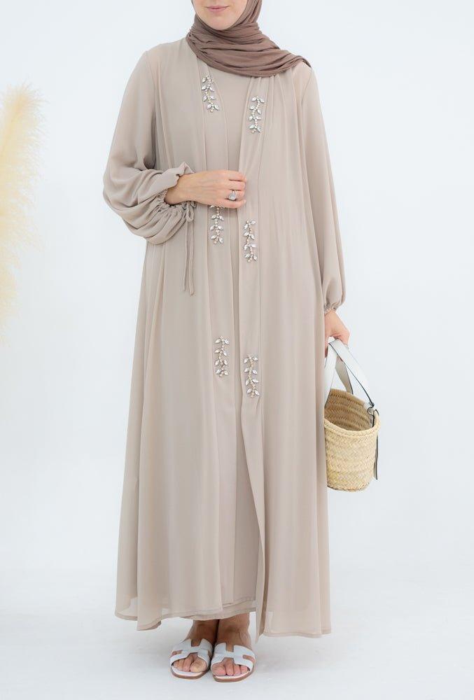 Luxury Sunni Crystal embroidered two piece abaya in beige chiffon - ANNAH HARIRI
