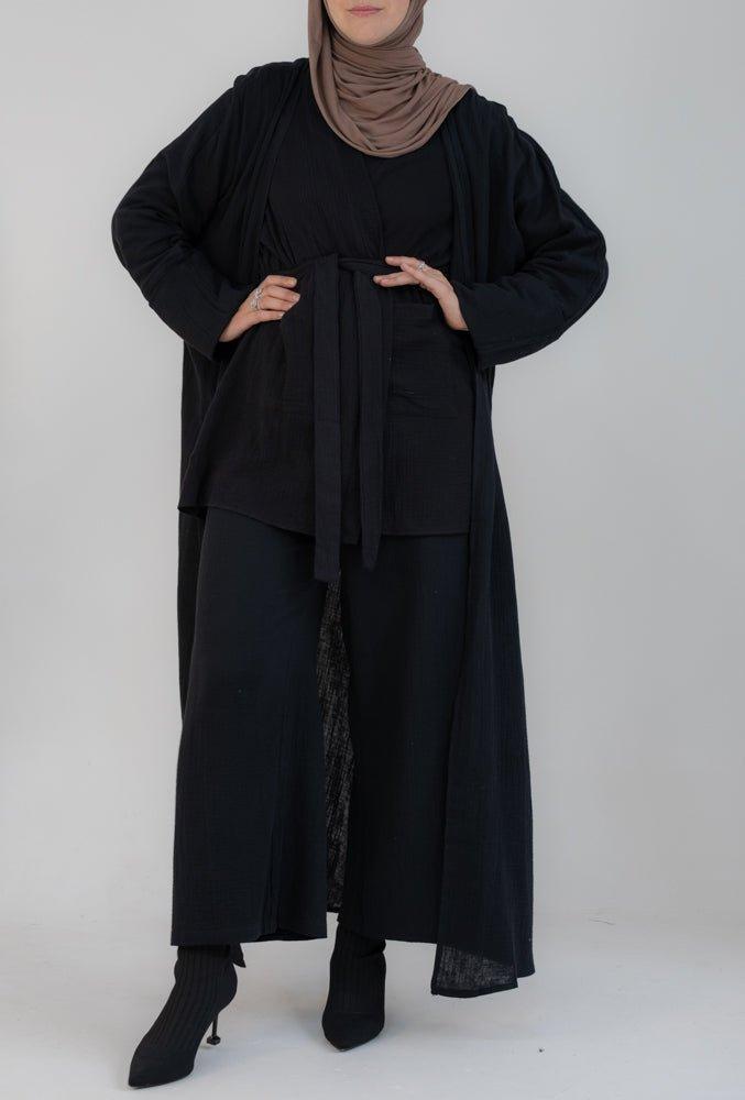 Marina cotton throw over abaya with oversize folded sleeves in black - ANNAH HARIRI
