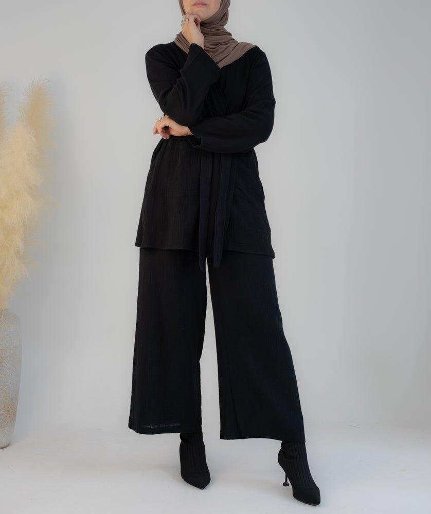 Marina cotton throw over abaya with oversize folded sleeves in black - ANNAH HARIRI