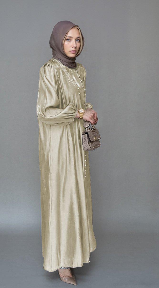 Mayrose organza like faux pearl abaya with slip dress and detachable belt ramadan eid set in beige - ANNAH HARIRI