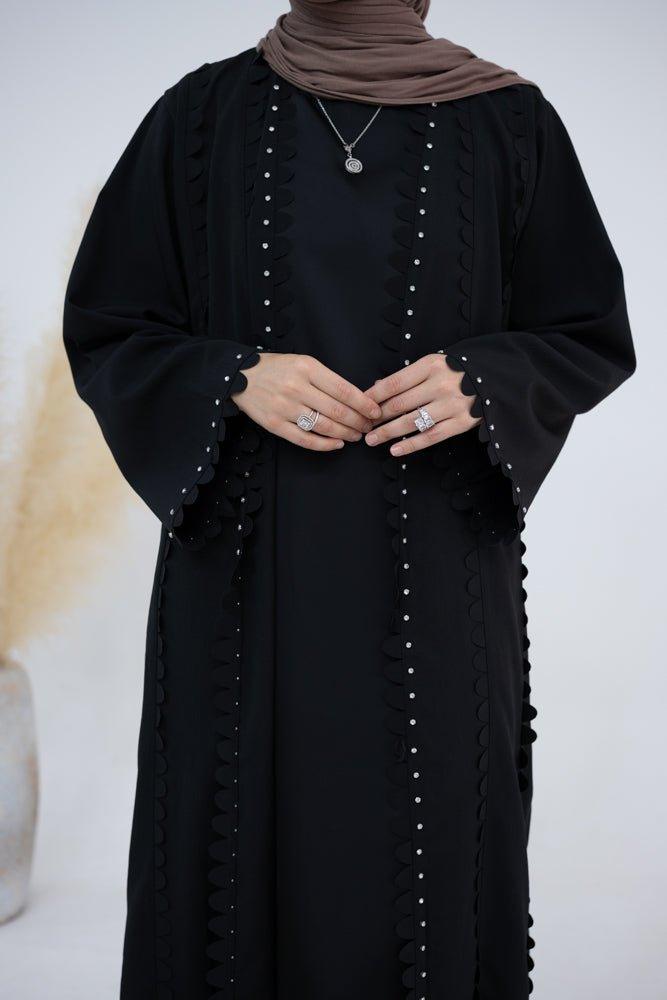 Mei black abaya with beads and decorative piping cut - ANNAH HARIRI