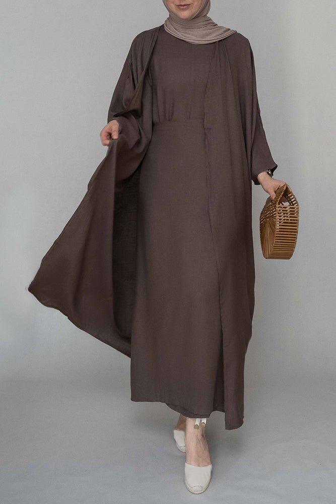 Miray linen natural fabric 3 piece set with inner slip dress, apron and open front abaya in coffee - ANNAH HARIRI