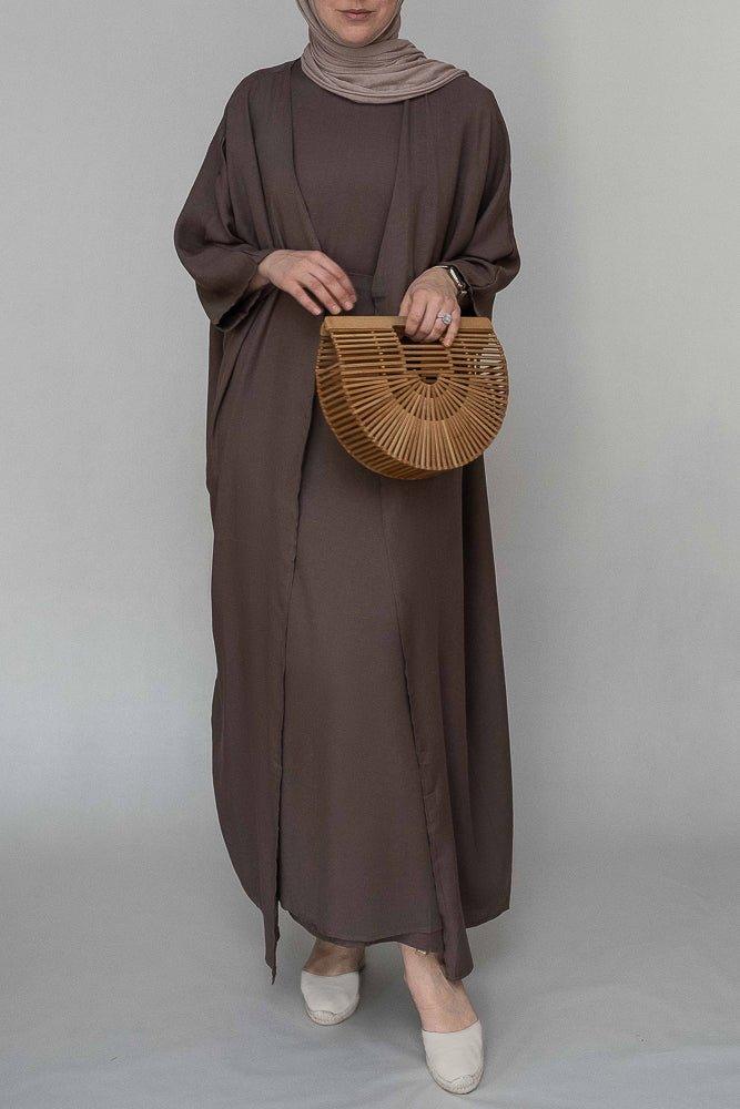 Miray linen natural fabric 3 piece set with inner slip dress, apron and open front abaya in coffee - ANNAH HARIRI