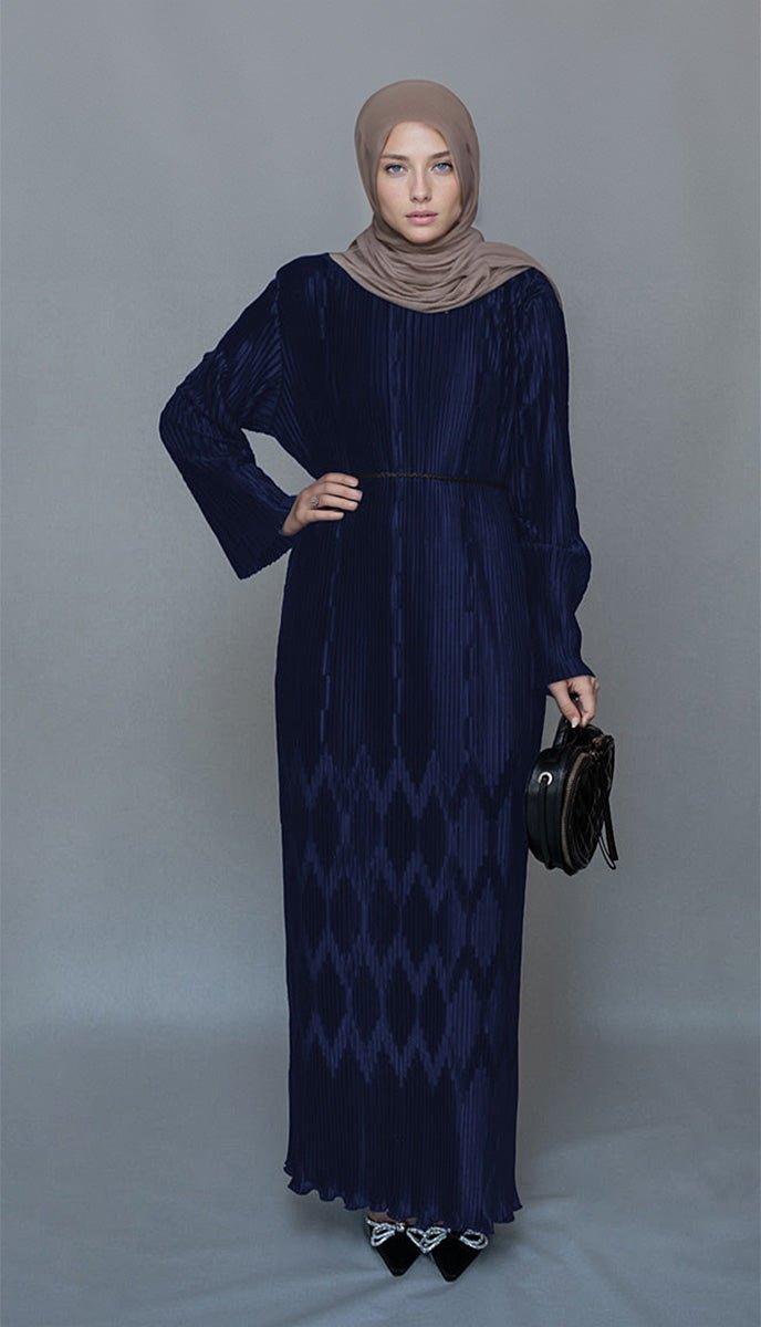 Navy Pleated maxi pencil dress with a embossed skirt and a string belt - ANNAH HARIRI