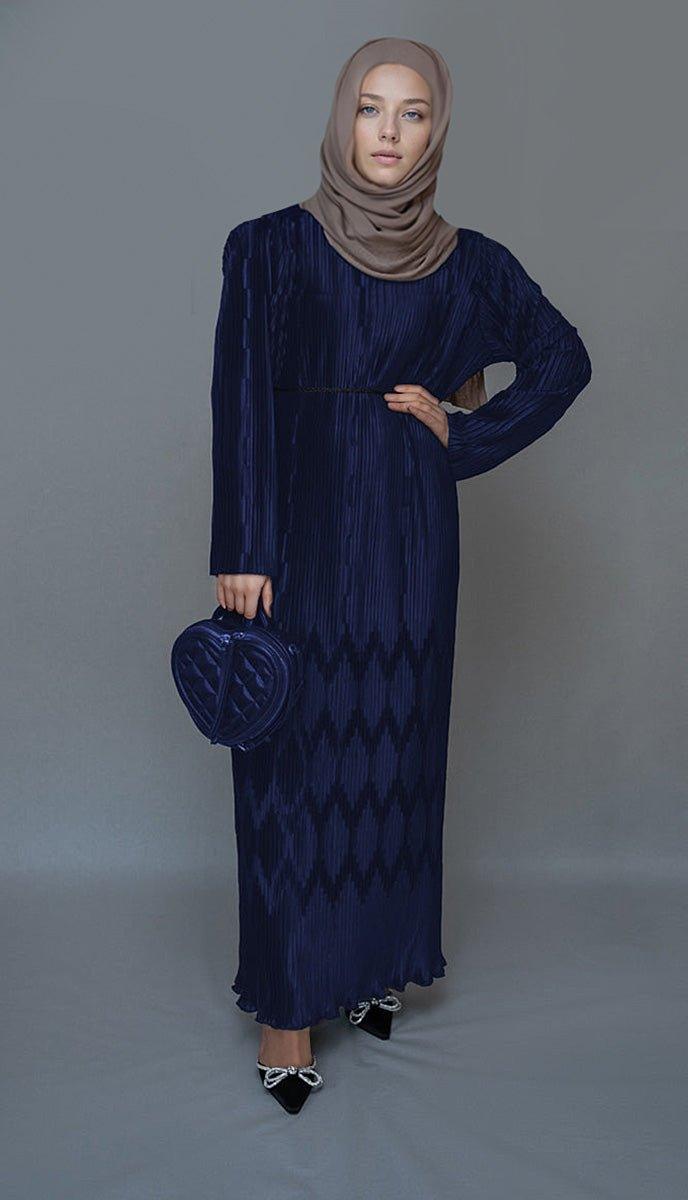 Navy Pleated maxi pencil dress with a embossed skirt and a string belt - ANNAH HARIRI