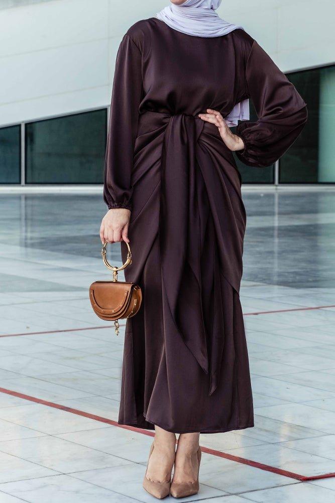 Ohlivia maxi abaya dress with detached apron elasticated sleeve like tie waist piece in satin dark chocolate - ANNAH HARIRI