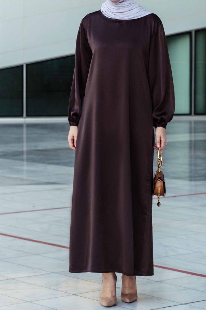 Ohlivia maxi abaya dress with detached apron elasticated sleeve like tie waist piece in satin dark chocolate - ANNAH HARIRI