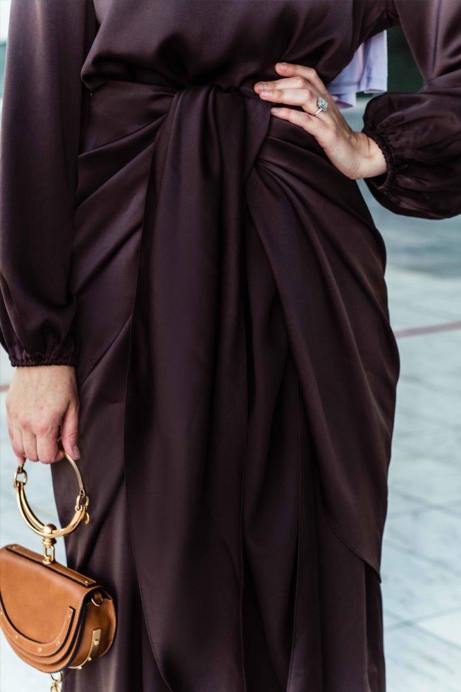 Ohlivia maxi abaya dress with detached apron elasticated sleeve like tie waist piece in satin dark chocolate - ANNAH HARIRI