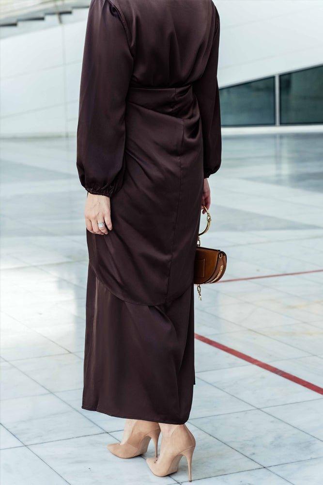 Ohlivia maxi abaya dress with detached apron elasticated sleeve like tie waist piece in satin dark chocolate - ANNAH HARIRI