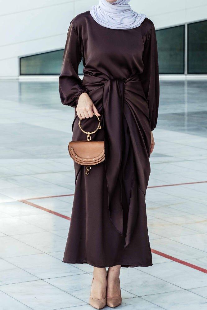 Ohlivia maxi abaya dress with detached apron elasticated sleeve like tie waist piece in satin dark chocolate - ANNAH HARIRI