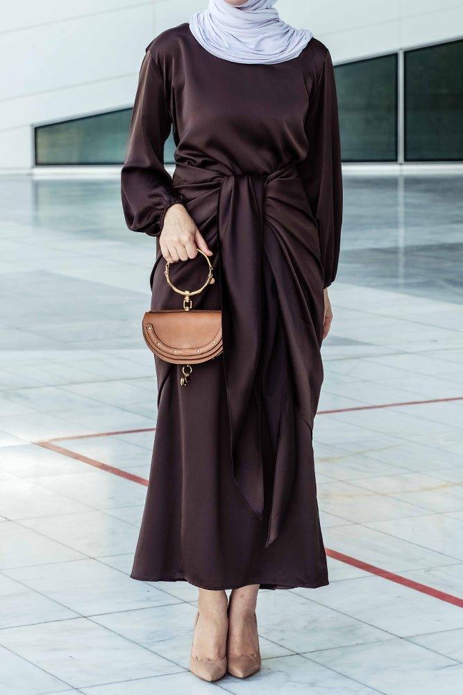 Ohlivia maxi abaya dress with detached apron elasticated sleeve like tie waist piece in satin dark chocolate - ANNAH HARIRI