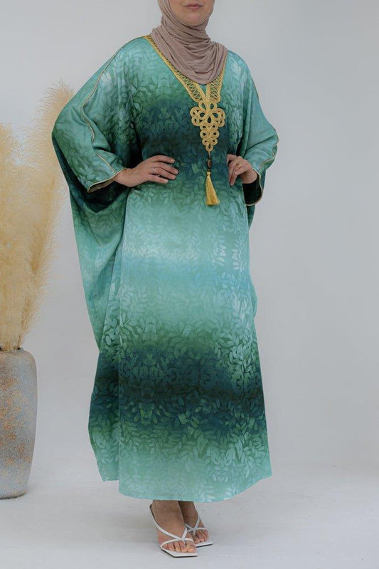 Omre traditional batwing cut Kaftan in green with golden embroidery - ANNAH HARIRI