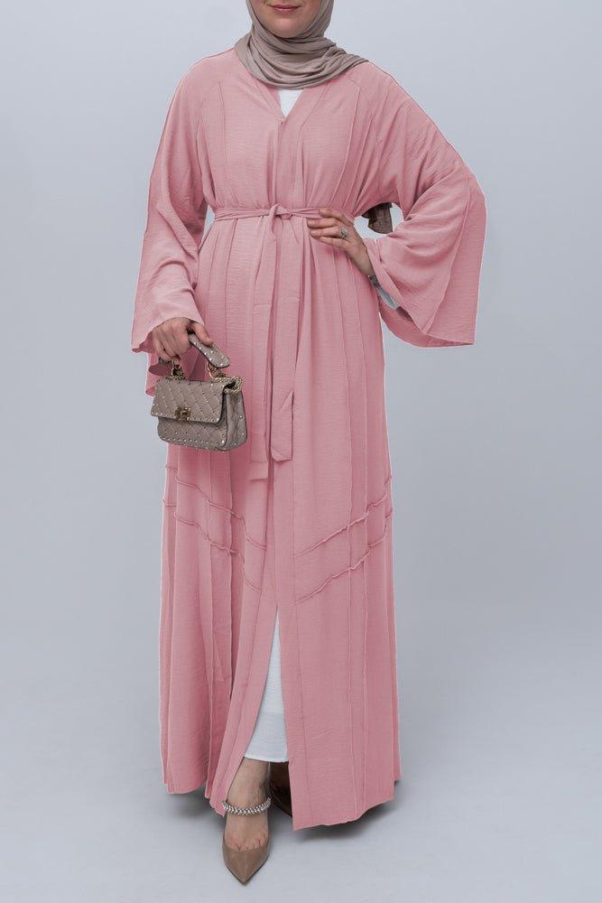 Pink Cintia lightweight abaya throw over with a belt and piping details with maxi kimono sleeves - ANNAH HARIRI