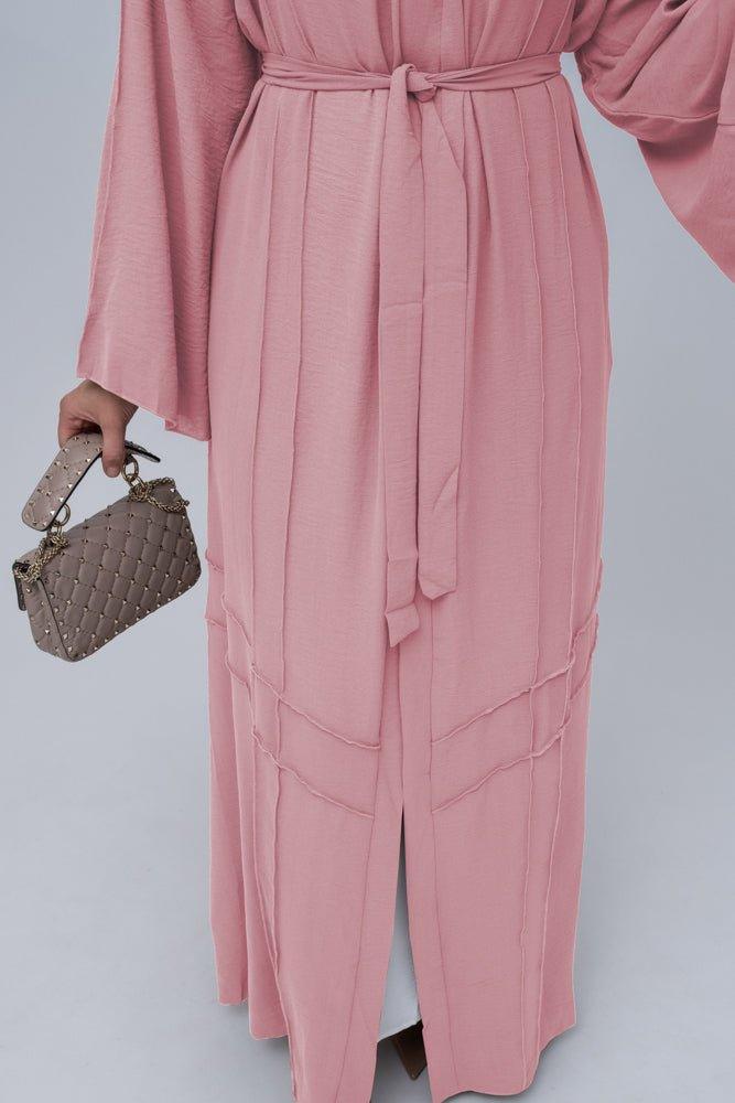 Pink Cintia lightweight abaya throw over with a belt and piping details with maxi kimono sleeves - ANNAH HARIRI