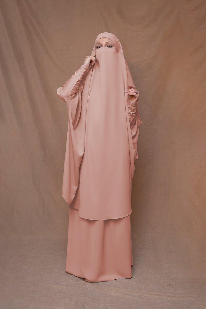 Pink Moira prayer Umrah gown with niqab feature - ANNAH HARIRI