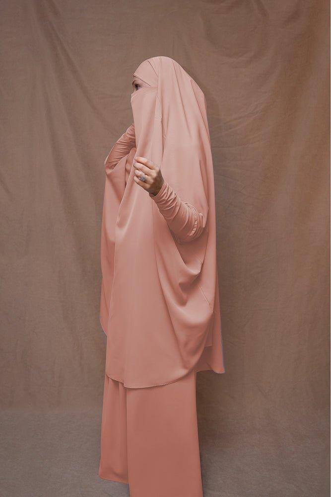 Pink Moira prayer Umrah gown with niqab feature - ANNAH HARIRI