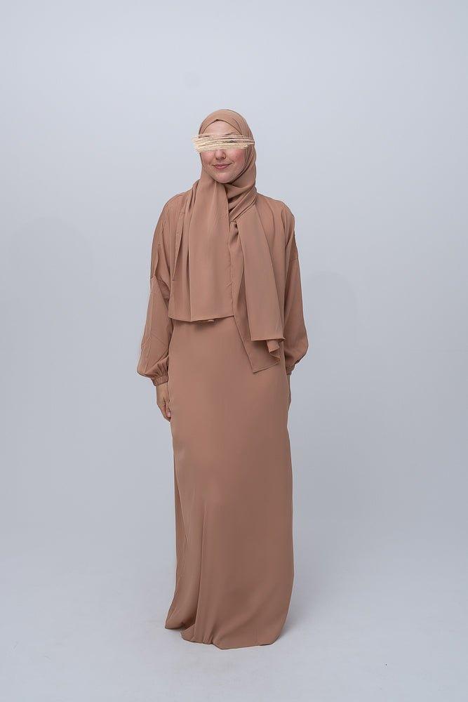 Prayer gown with stitched in attached scarf umrah outfit in brown khaki color - ANNAH HARIRI