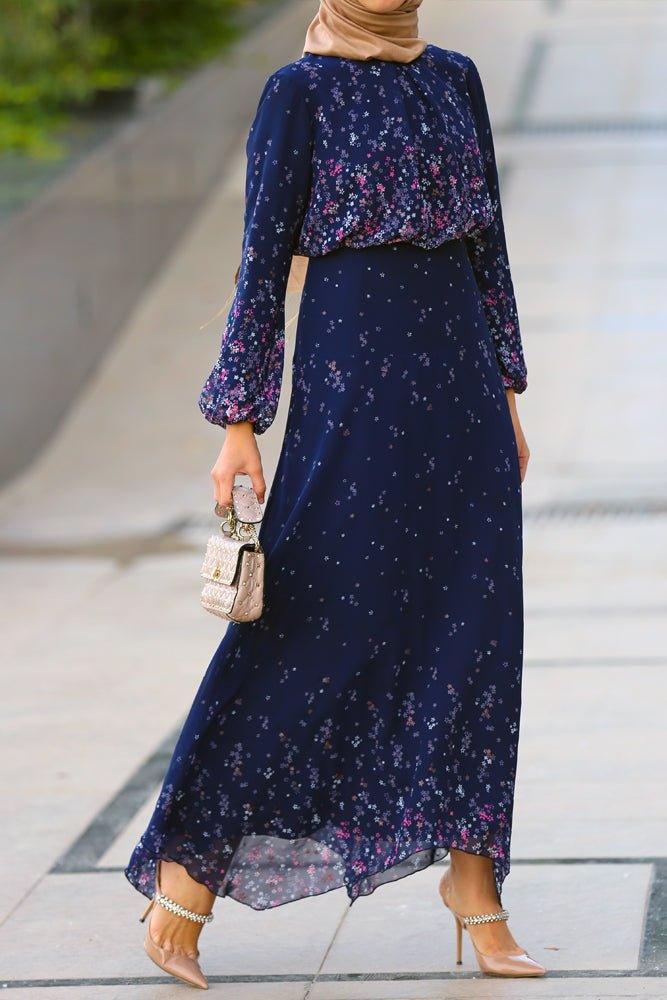 Printed modest chiffon viscose maxi dress with long sleeve and full cotton lining - ANNAH HARIRI