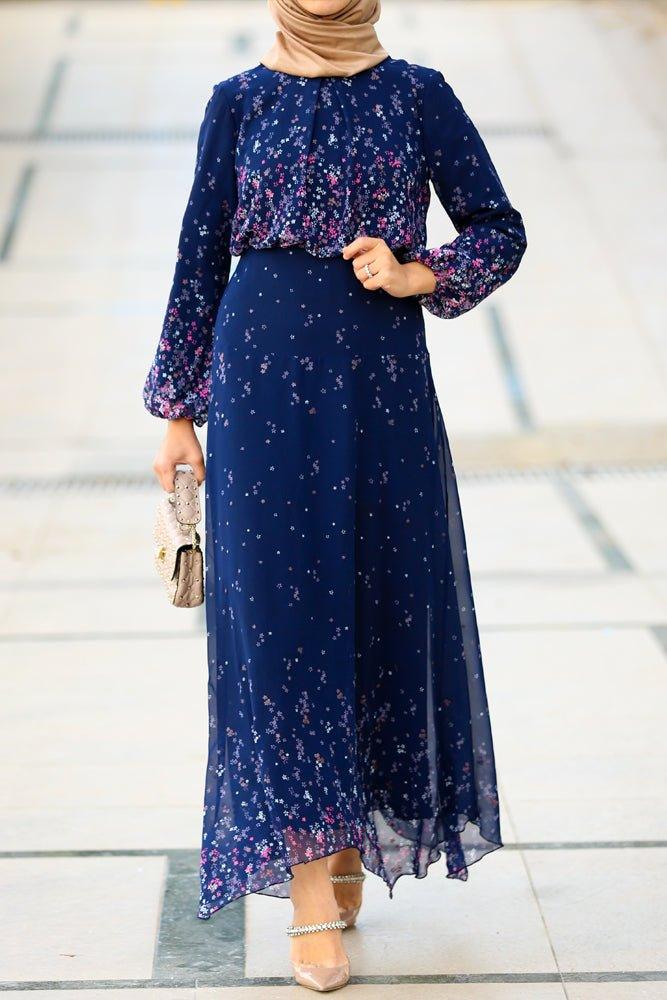 Printed modest chiffon viscose maxi dress with long sleeve and full cotton lining - ANNAH HARIRI