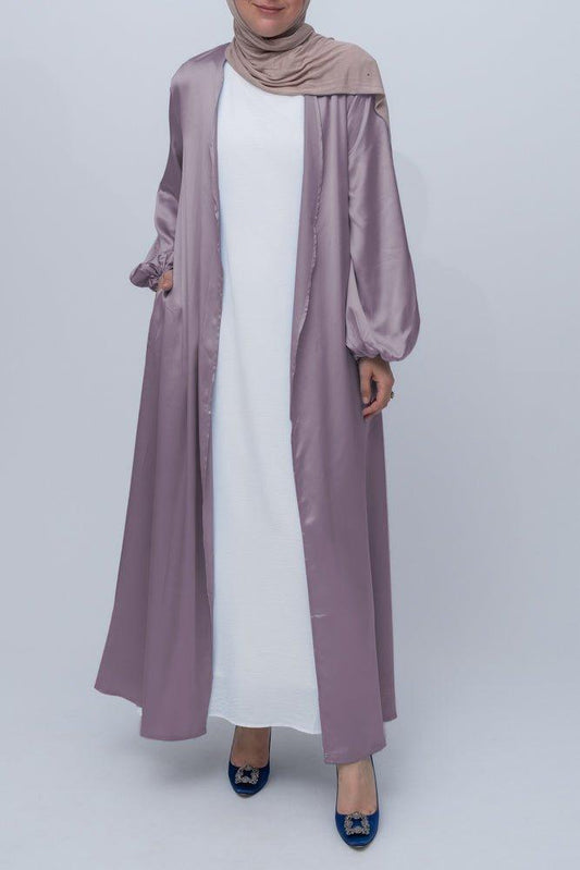 Purple Brontei open front abaya throw over with pockets and a detachable belt - ANNAH HARIRI