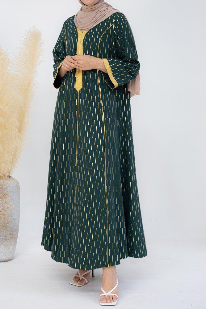 Ramadaa Kaftan in emerald green with golden details of classic moroccan cut - ANNAH HARIRI