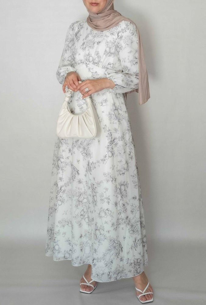 Sammie light floral chiffon dress maxi length monochrome print maxi sleeve fully lined - ANNAH HARIRI
