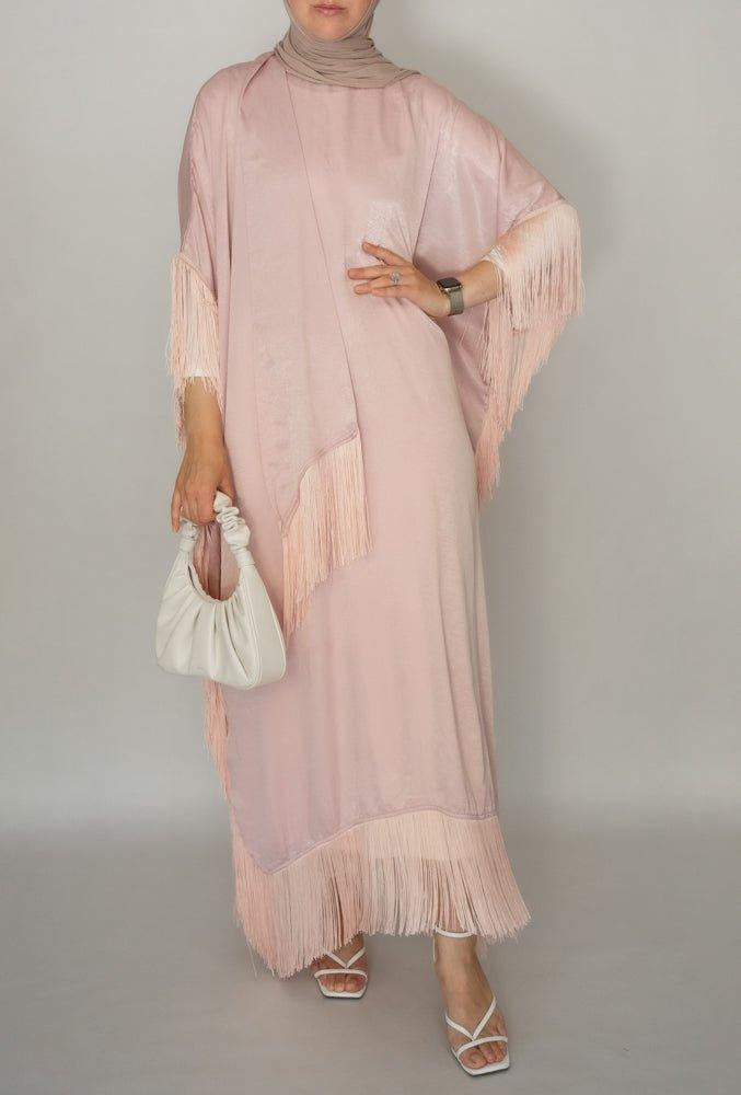 Seyma fringe maxi abaya dress in dusty pink - ANNAH HARIRI
