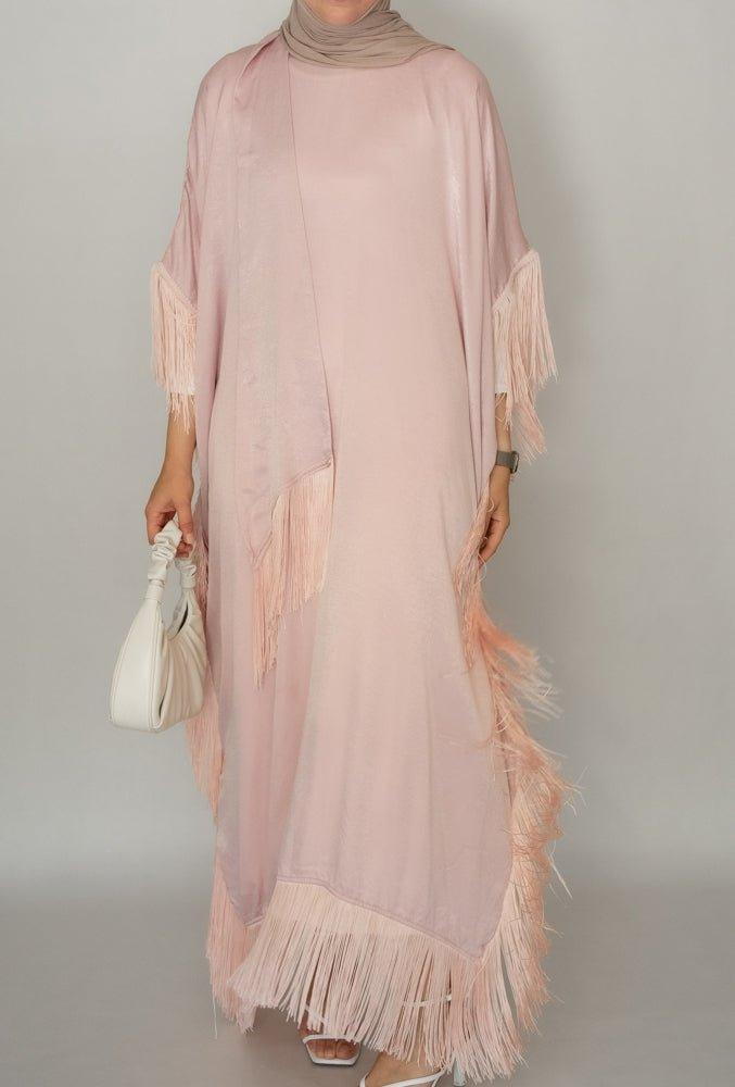 Seyma fringe maxi abaya dress in dusty pink - ANNAH HARIRI