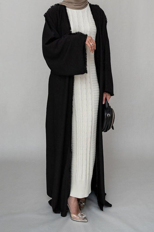 Throw over abaya with trim cut in black with a detachable belt - ANNAH HARIRI