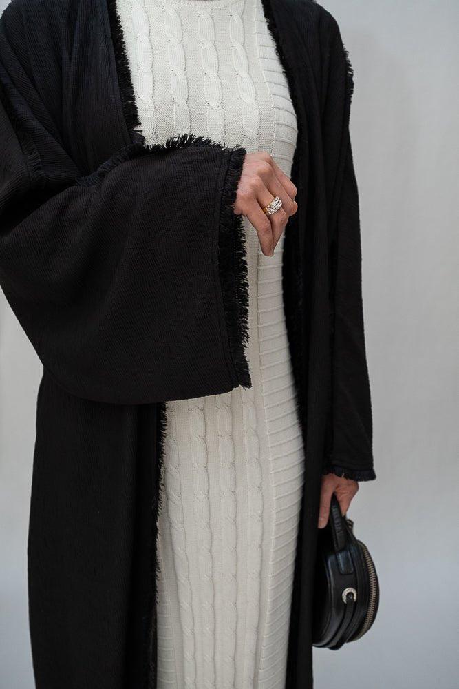 Throw over abaya with trim cut in black with a detachable belt - ANNAH HARIRI
