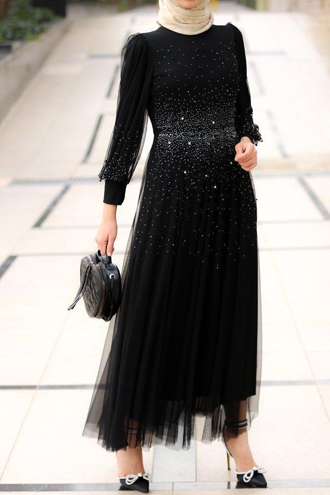 Tinna embellished bodice maxi dress with tulle skirt in black - ANNAH HARIRI