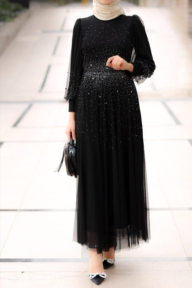 Tinna embellished bodice maxi dress with tulle skirt in black - ANNAH HARIRI