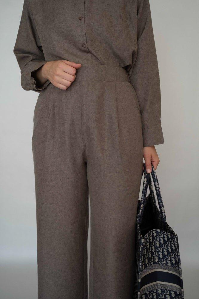 Top Manuka in brown linen with maxi sleeve and button fastening long length - ANNAH HARIRI