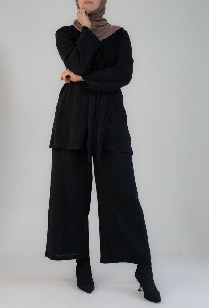 Top Marina pure cotton with pockets open front with belt in black - ANNAH HARIRI