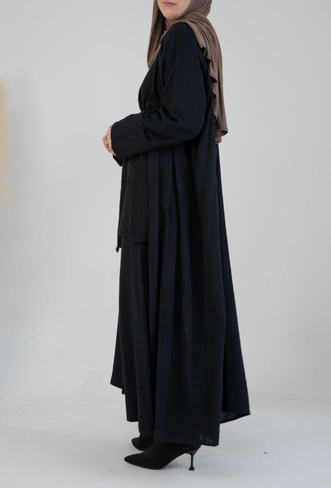 Top Marina pure cotton with pockets open front with belt in black - ANNAH HARIRI