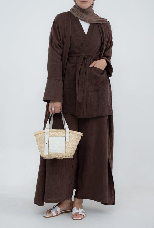 Top Marina pure cotton with pockets open front with belt in coffee - ANNAH HARIRI
