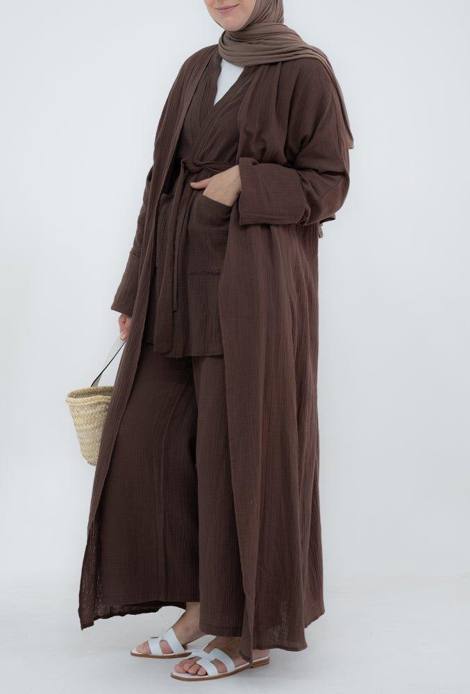 Top Marina pure cotton with pockets open front with belt in coffee - ANNAH HARIRI