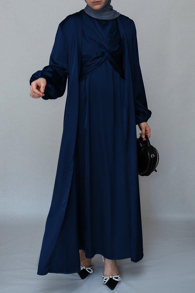 Vidonia 2 piece luxury 2 piece abaya with wrap bodice in navy - ANNAH HARIRI