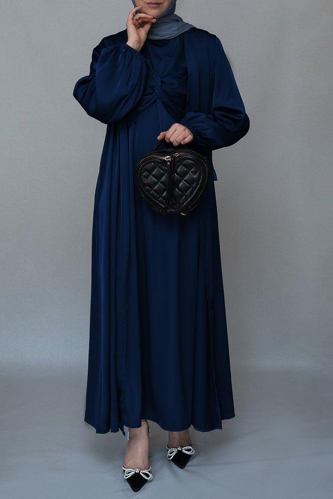 Vidonia 2 piece luxury 2 piece abaya with wrap bodice in navy - ANNAH HARIRI