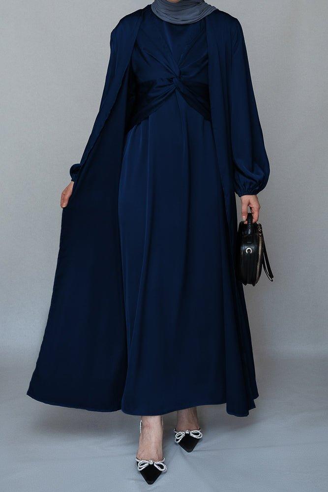 Vidonia 2 piece luxury 2 piece abaya with wrap bodice in navy - ANNAH HARIRI