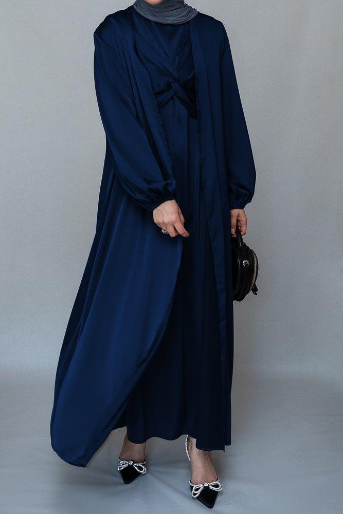 Vidonia 2 piece luxury 2 piece abaya with wrap bodice in navy - ANNAH HARIRI