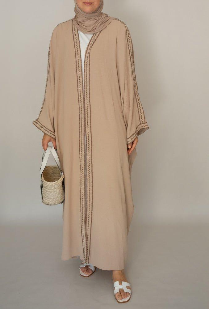 Weekday embroidered abaya throw over open front in beige in cotton - ANNAH HARIRI