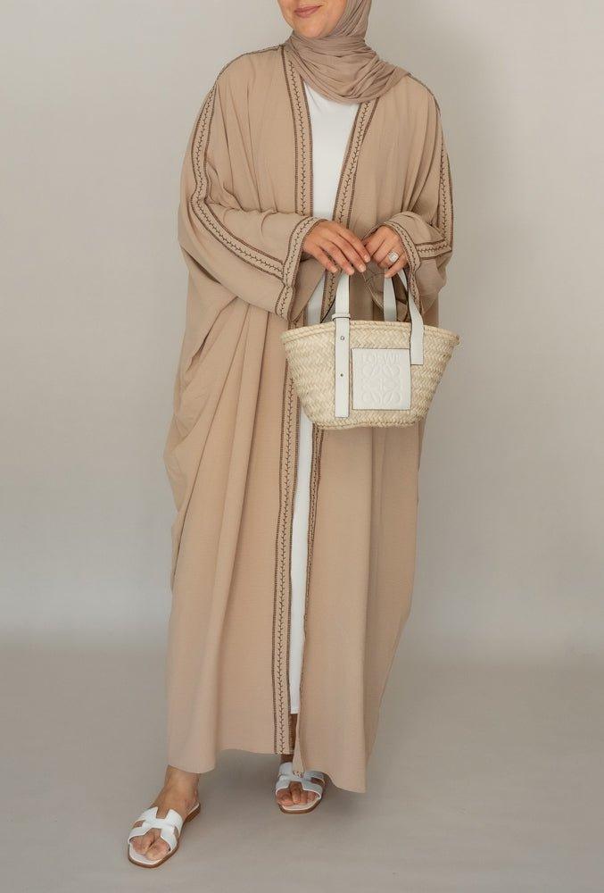 Weekday embroidered abaya throw over open front in beige in cotton - ANNAH HARIRI