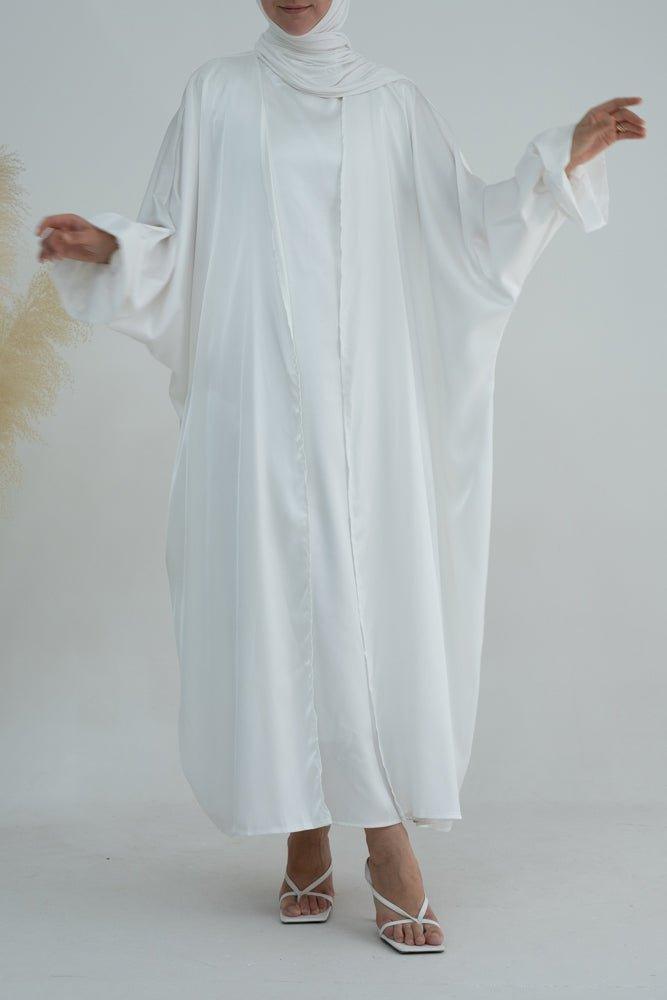 White Loves open front maxi satin abaya throw over - ANNAH HARIRI