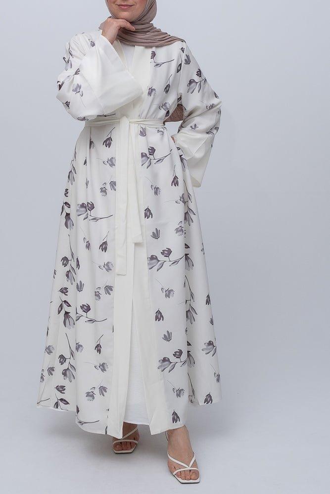White Rosekat Kimono abaya with front contrast detail and detachable belt - ANNAH HARIRI