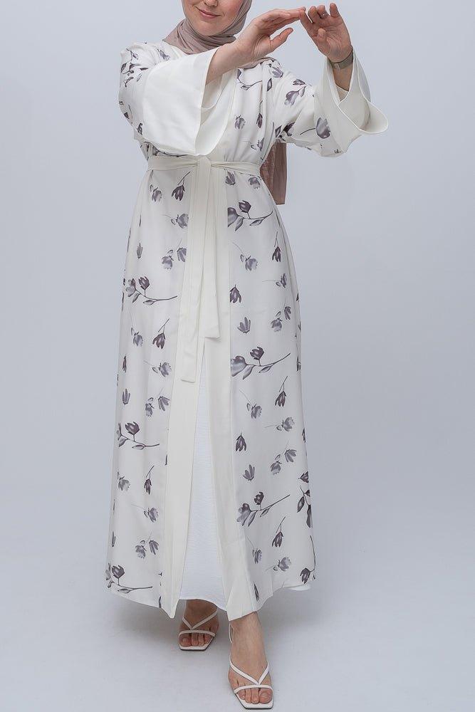White Rosekat Kimono abaya with front contrast detail and detachable belt - ANNAH HARIRI